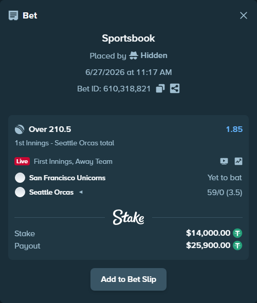 Bet slip: San Francisco Unicorns - Seattle Orcas, $14,014.00 stake at 1.85 odds, placed by Hidden