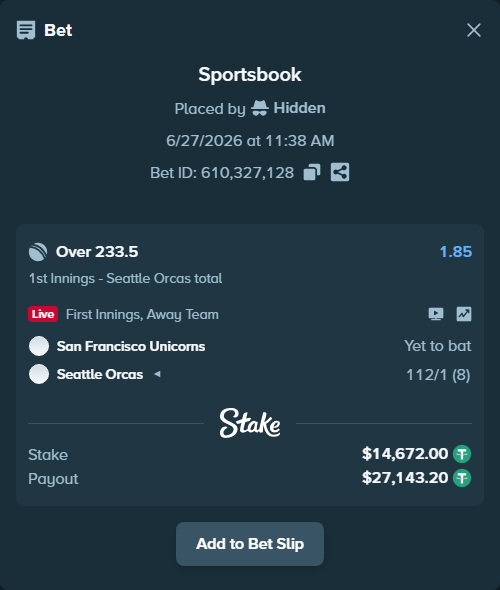 Bet slip: San Francisco Unicorns - Seattle Orcas, $14,686.67 stake at 1.85 odds, placed by Hidden
