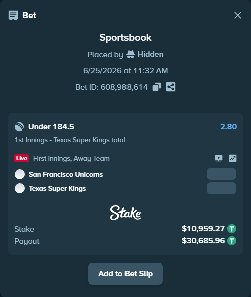Bet slip: San Francisco Unicorns - Texas Super Kings, $10,970.23 stake at 2.80 odds, placed by Hidden