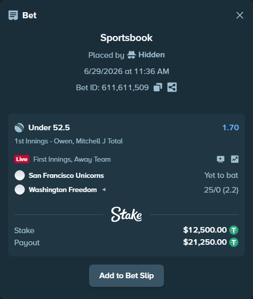 Bet slip: San Francisco Unicorns - Washington Freedom, $12,512.50 stake at 1.70 odds, placed by Hidden
