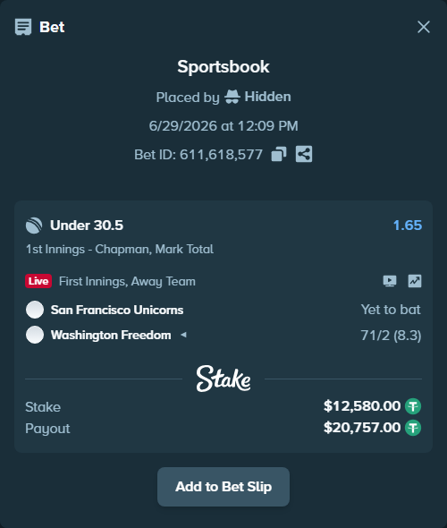 Bet slip: San Francisco Unicorns - Washington Freedom, $12,592.58 stake at 1.65 odds, placed by Hidden