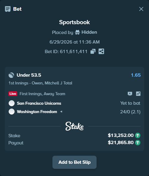 Bet slip: San Francisco Unicorns - Washington Freedom, $13,265.25 stake at 1.65 odds, placed by Hidden