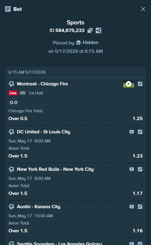 Bet slip: San Jose - Dallas, $10,000.00 stake at 1.48 odds, placed by Hidden