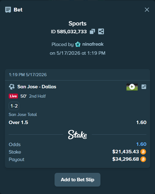 Bet slip: San Jose - Dallas, $17,652.49 stake at 1.60 odds, placed by ninafreak