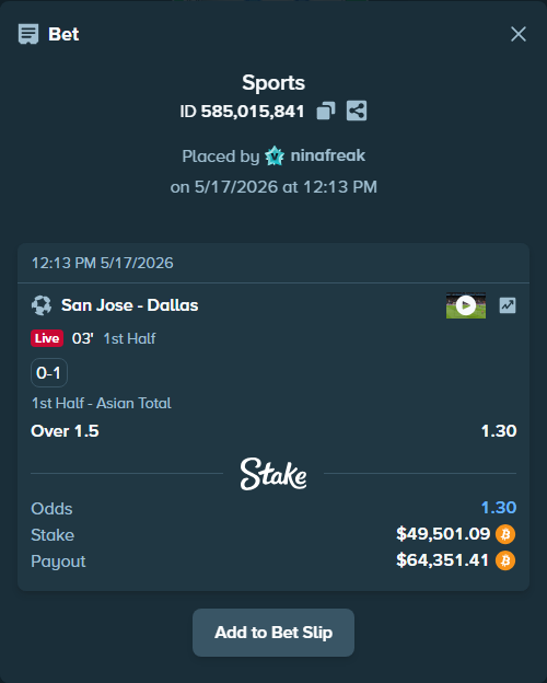Bet slip: San Jose - Dallas, $40,796.87 stake at 1.30 odds, placed by ninafreak