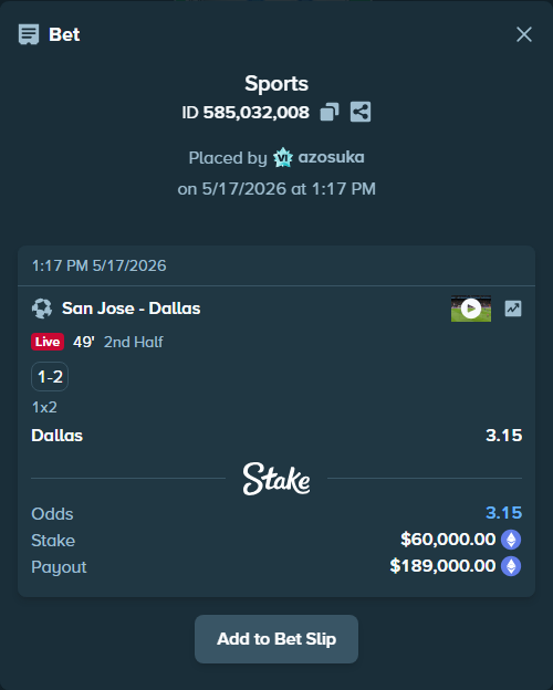 Bet slip: San Jose - Dallas, $47,768.55 stake at 3.15 odds, placed by azosuka