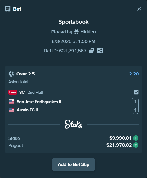 Bet slip: San Jose Earthquakes II - Austin FC II, $10,000.00 stake at 2.20 odds, placed by Hidden