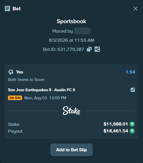 Bet slip: San Jose Earthquakes II - Austin FC II, $12,000.00 stake at 1.54 odds, placed by RichHalif