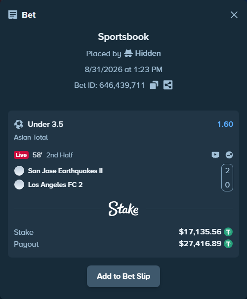 Bet slip: San Jose Earthquakes II - Los Angeles FC 2, $17,135.56 stake at 1.60 odds, placed by Hidden