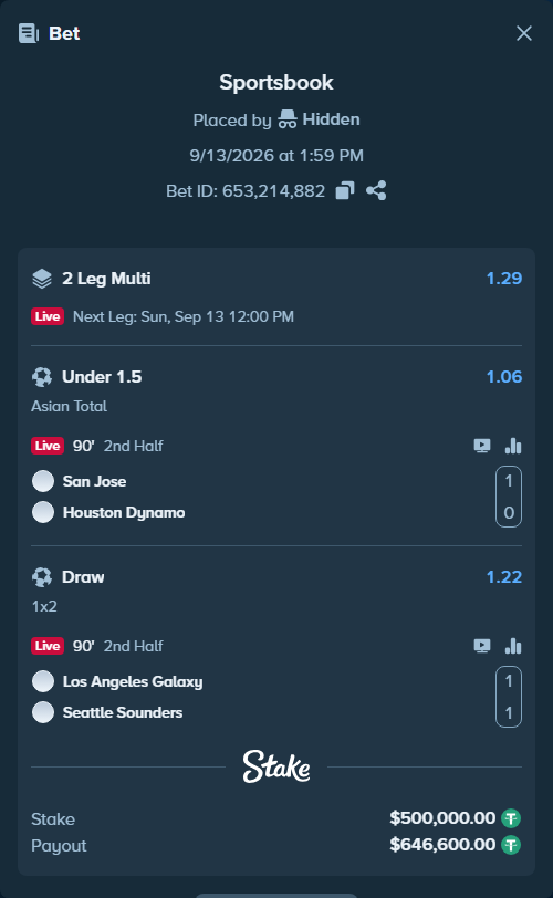 Bet slip: San Jose - Houston Dynamo, $500,000.00 stake at 1.06 odds, placed by Hidden