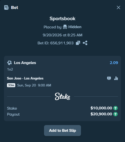 Bet slip: San Jose - Los Angeles, $10,000.00 stake at 2.09 odds, placed by Hidden
