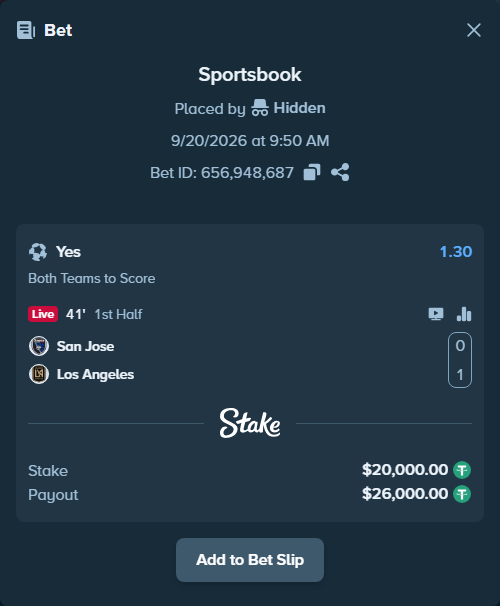 Bet slip: San Jose - Los Angeles, $20,000.00 stake at 1.30 odds, placed by Hidden
