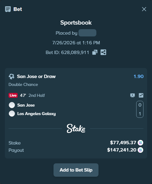 Bet slip: San Jose - Los Angeles Galaxy, $75,181.71 stake at 1.90 odds, placed by Prettylfacko98