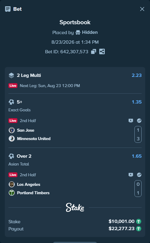 Bet slip: San Jose - Minnesota United, $10,000.00 stake at 1.35 odds, placed by Hidden