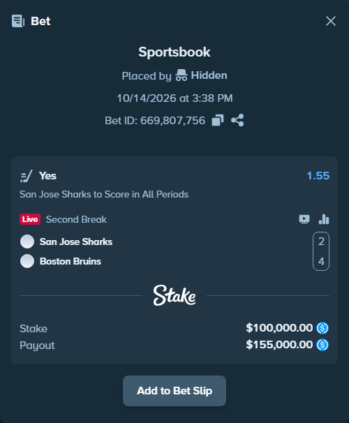 Bet slip: San Jose Sharks - Boston Bruins, $100,000.00 stake at 1.55 odds, placed by Hidden