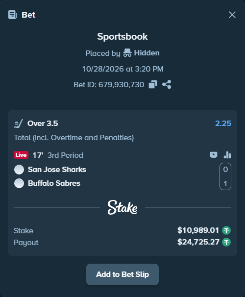Bet slip: San Jose Sharks - Buffalo Sabres, $11,000.00 stake at 2.25 odds, placed by Hidden
