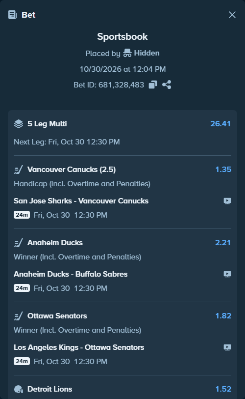 Bet slip: San Jose Sharks - Vancouver Canucks, $50,000.00 stake at 1.35 odds, placed by Hidden