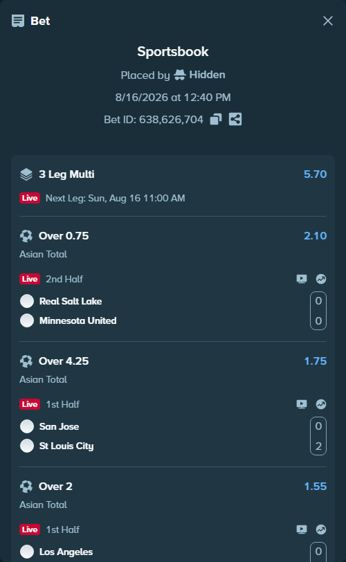Bet slip: San Jose - St Louis City, $15,000.00 stake at 1.75 odds, placed by Hidden