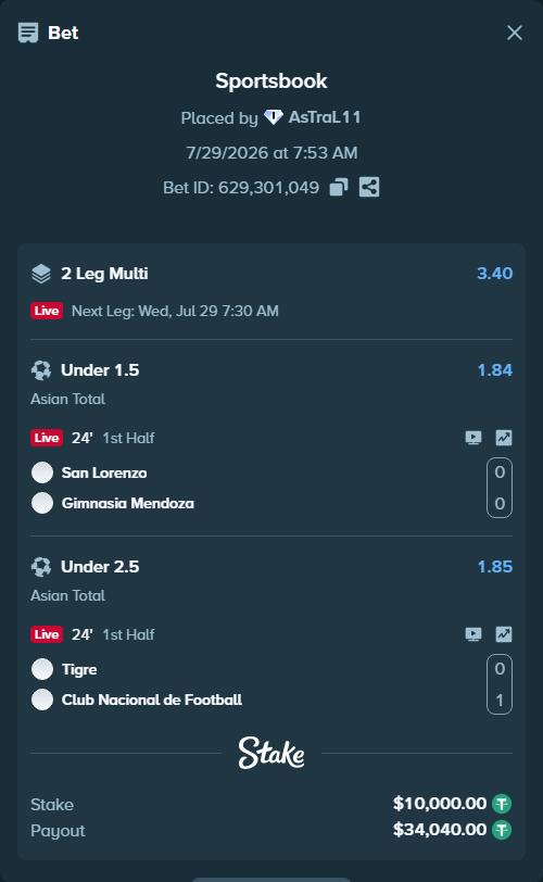 Bet slip: San Lorenzo - Gimnasia Mendoza, $10,010.00 stake at 1.84 odds, placed by AsTraL11
