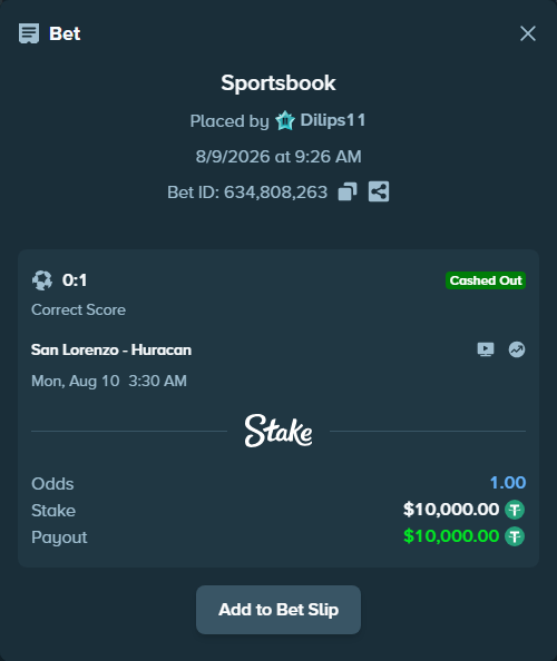 Bet slip: San Lorenzo - Huracan, $10,010.00 stake at 5.80 odds, placed by Dilips11