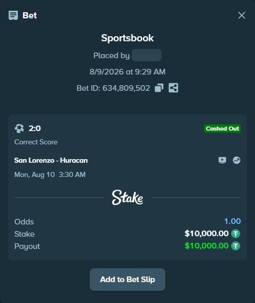 Bet slip: San Lorenzo - Huracan, $10,010.00 stake at 10.00 odds, placed by Dilips11