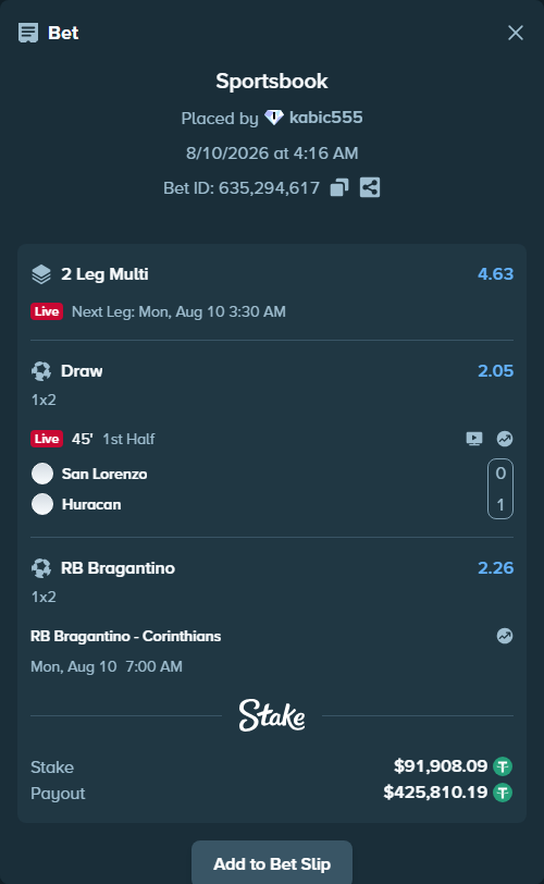 Bet slip: San Lorenzo - Huracan, $92,000.00 stake at 2.05 odds, placed by kabic555
