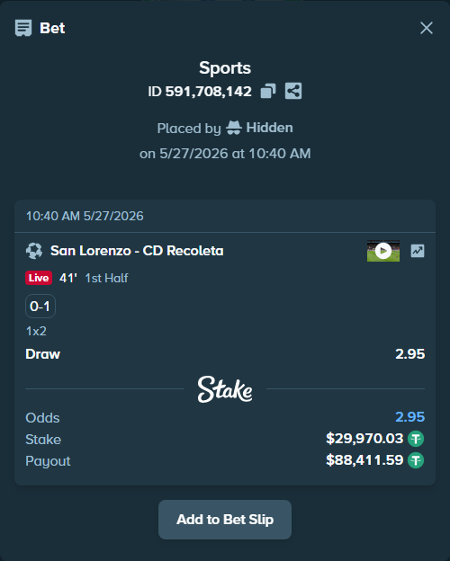 Bet slip: San Lorenzo - Recoleta FC, $30,000.00 stake at 2.95 odds, placed by Hidden