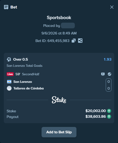 Bet slip: San Lorenzo - Talleres Cordoba, $20,000.00 stake at 1.93 odds, placed by SH7N28