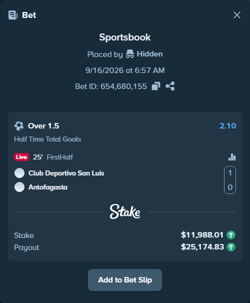 Bet slip: San Luis de Quillota - CD Antofagasta, $12,000.00 stake at 2.10 odds, placed by Hidden