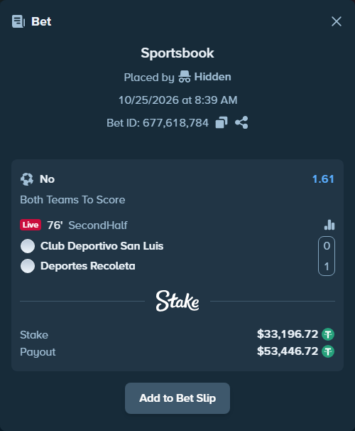Bet slip: San Luis de Quillota - Deportes Recoleta, $33,229.92 stake at 1.61 odds, placed by Hidden