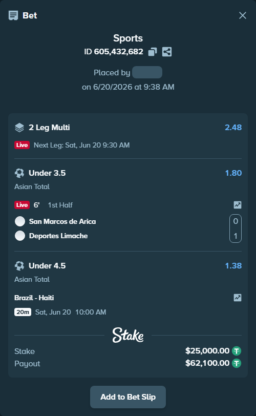 Bet slip: San Marcos de Arica - Deportes Limache, $25,025.00 stake at 1.80 odds, placed by AsTraL11