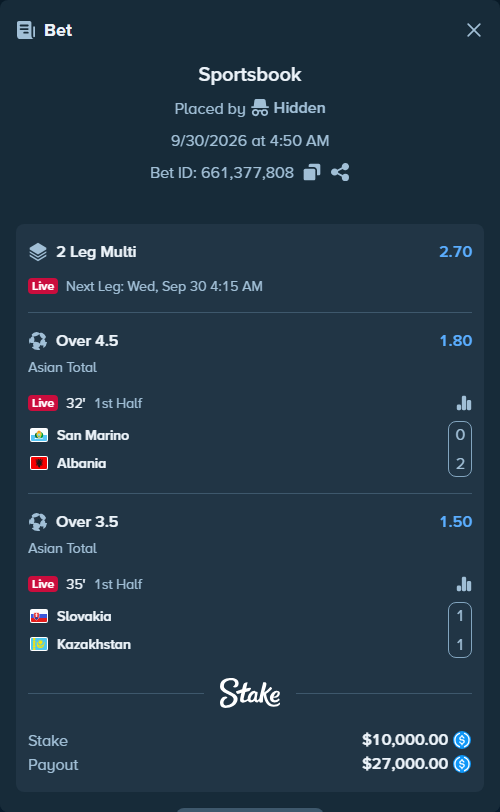 Bet slip: San Marino - Albania, $10,000.00 stake at 1.80 odds, placed by Hidden