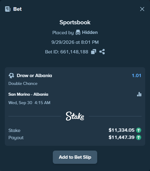 Bet slip: San Marino - Albania, $11,334.05 stake at 1.01 odds, placed by zaka33sbg