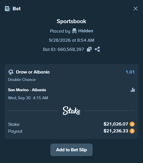 Bet slip: San Marino - Albania, $20,976.75 stake at 1.01 odds, placed by megah29