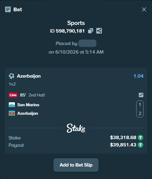 Bet slip: San Marino - Azerbaijan, $38,357.00 stake at 1.04 odds, placed by DooDLeZ1love