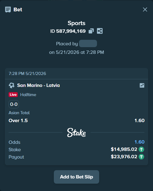 Bet slip: San Marino - Latvia, $15,000.00 stake at 1.60 odds, placed by rmaghsdudthd