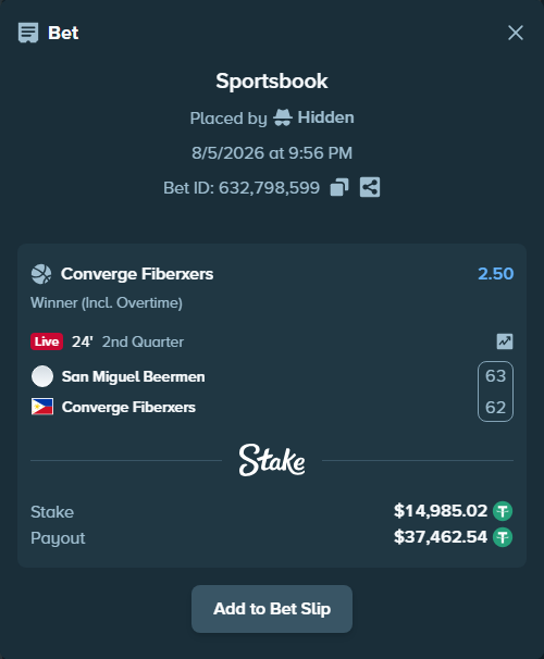 Bet slip: San Miguel Beermen - Converge Fiberxers, $15,000.00 stake at 2.50 odds, placed by Hidden