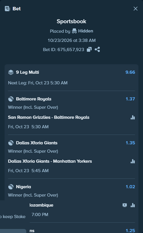 Bet slip: San Ramon Grizzlies - Baltimore Royals, $9,489.37 stake at 1.37 odds, placed by Brahma946