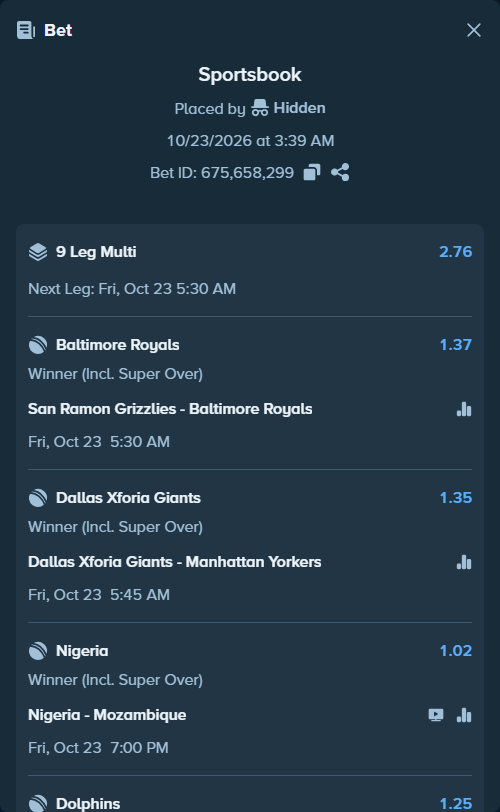 Bet slip: San Ramon Grizzlies - Baltimore Royals, $9,489.37 stake at 1.37 odds, placed by Brahma946