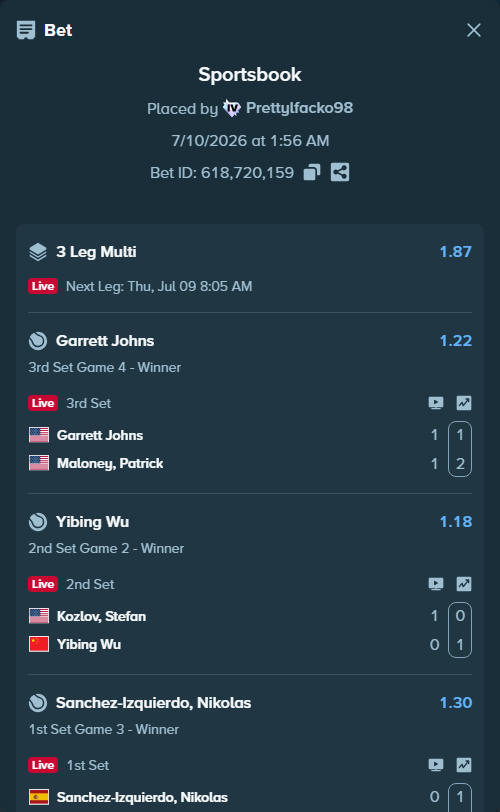 Bet slip: Sanchez Izquierdo, Nikolas - Barrena, Alex, $10,741.74 stake at 1.30 odds, placed by Prettylfacko98