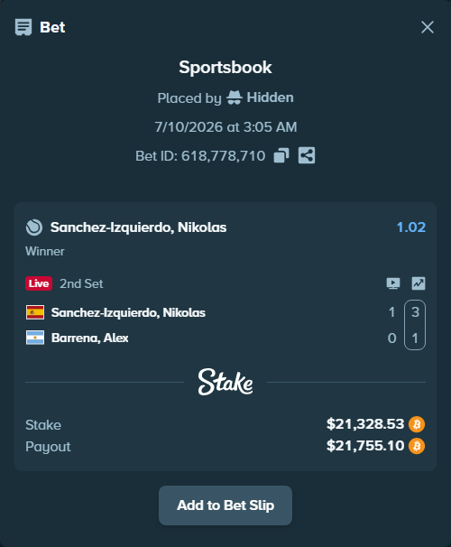 Bet slip: Sanchez Izquierdo, Nikolas - Barrena, Alex, $21,882.38 stake at 1.02 odds, placed by Hidden