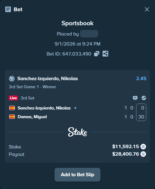 Bet slip: Sanchez Izquierdo, Nikolas - Damas, Miguel, $11,597.23 stake at 2.45 odds, placed by Prettylfacko98