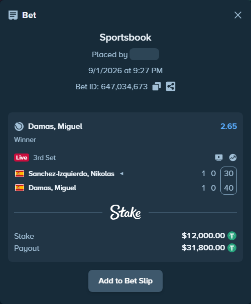 Bet slip: Sanchez Izquierdo, Nikolas - Damas, Miguel, $12,000.00 stake at 2.65 odds, placed by DooDLeZ1love
