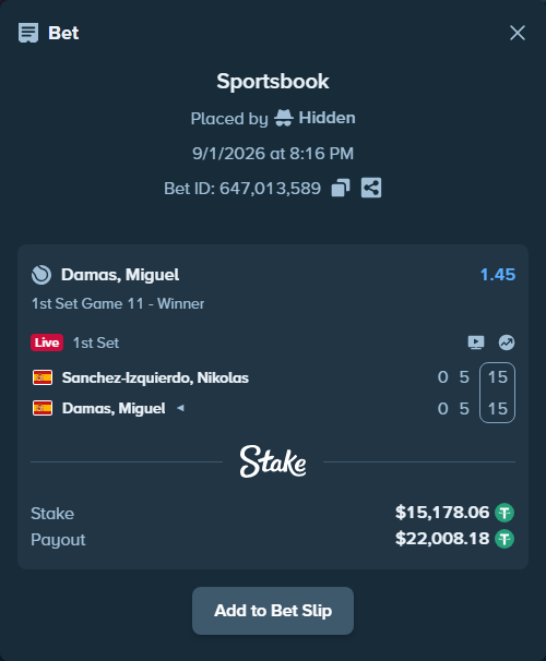 Bet slip: Sanchez Izquierdo, Nikolas - Damas, Miguel, $15,178.06 stake at 1.45 odds, placed by Hidden