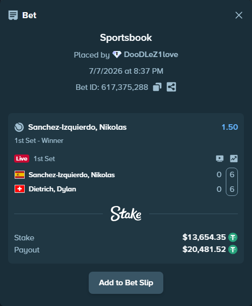 Bet slip: Sanchez Izquierdo, Nikolas - Dietrich, Dylan, $13,668.00 stake at 1.50 odds, placed by DooDLeZ1love