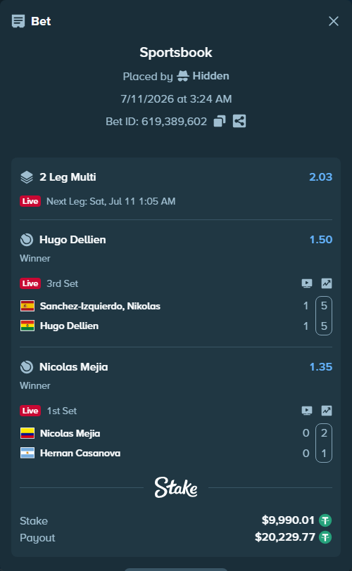 Bet slip: Sanchez Izquierdo, Nikolas - Hugo Dellien, $10,000.00 stake at 1.50 odds, placed by Hidden
