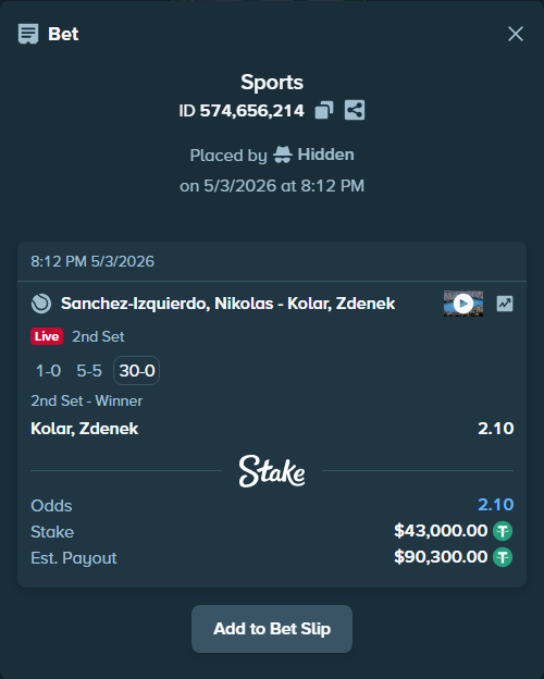 Bet slip: Sanchez Izquierdo, Nikolas - Kolar, Zdenek, $43,000.00 stake at 2.10 odds, placed by Hidden