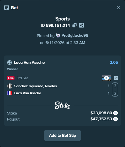 Bet slip: Sanchez Izquierdo, Nikolas - Luca Van Assche, $26,283.08 stake at 2.05 odds, placed by Prettylfacko98