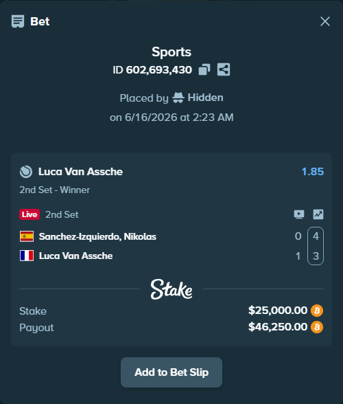 Bet slip: Sanchez Izquierdo, Nikolas - Luca Van Assche, $23,930.76 stake at 1.85 odds, placed by Hidden