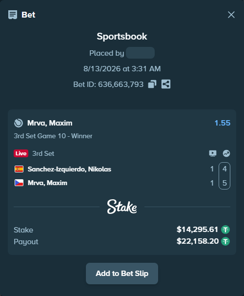 Bet slip: Sanchez Izquierdo, Nikolas - Mrva, Maxim, $14,309.91 stake at 1.55 odds, placed by vavrinka27